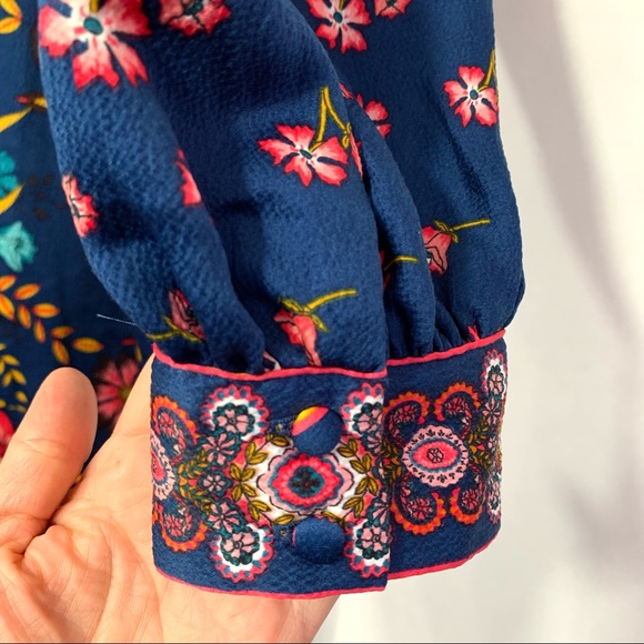 LOFT Women's Blue Pink Floral Mandarin Collar Long Sleeve Shift Dress - Picture 7 of 11